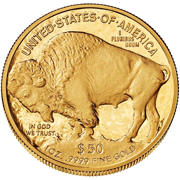 Reverse of the American Gold Buffalo: an American bison standing on a mound, marked $50 and 1 OZ. .9999 FINE GOLD