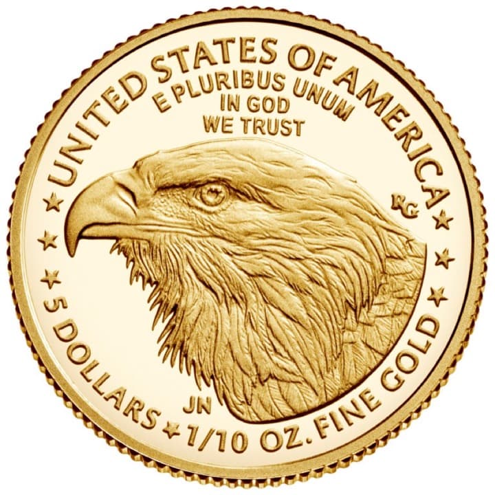 Reverse of the tenth-ounce American Gold Eagle: a bald eagle's head in profile, marked 5 DOLLARS and 1/10 OZ. FINE GOLD
