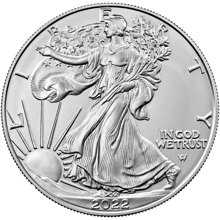 Obverse of the 2022 American Silver Eagle: Walking Liberty striding toward the rising sun, with LIBERTY around the rim