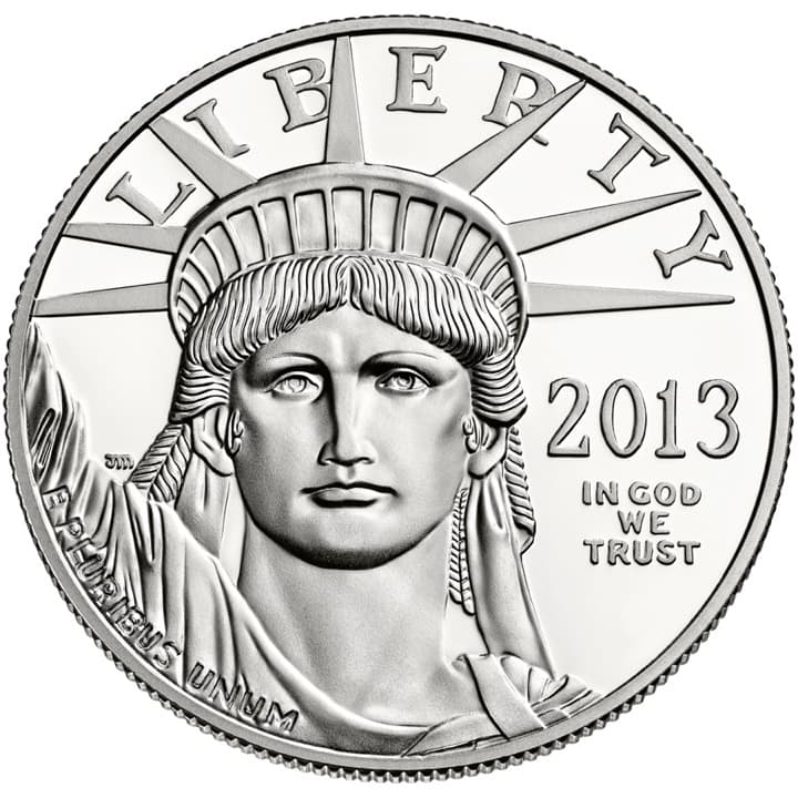 Obverse of the American Platinum Eagle: a close-up of the Statue of Liberty's face and crown, with LIBERTY across the rays